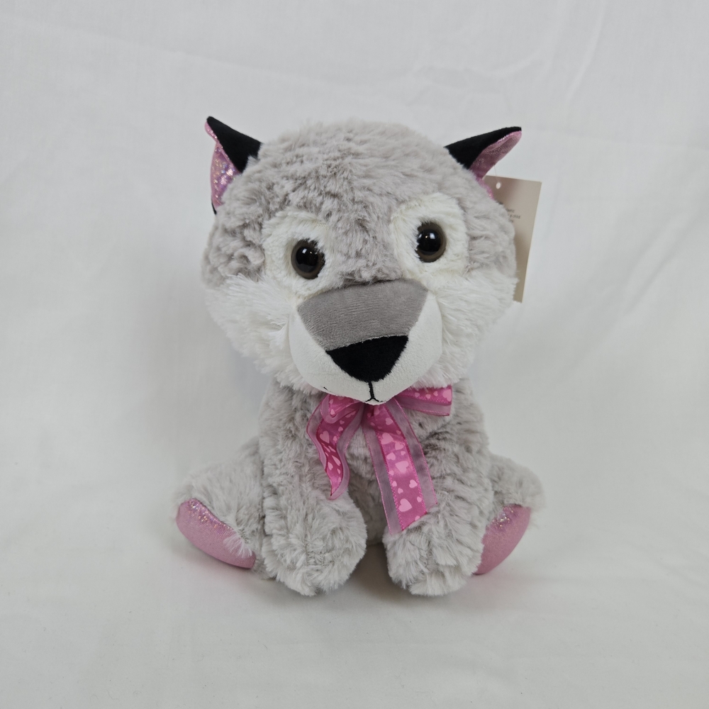 Homerbest Gray Pink Shimmer‎ Accents Heart Bow 9" Plush Wolf Toy Valentine's Day